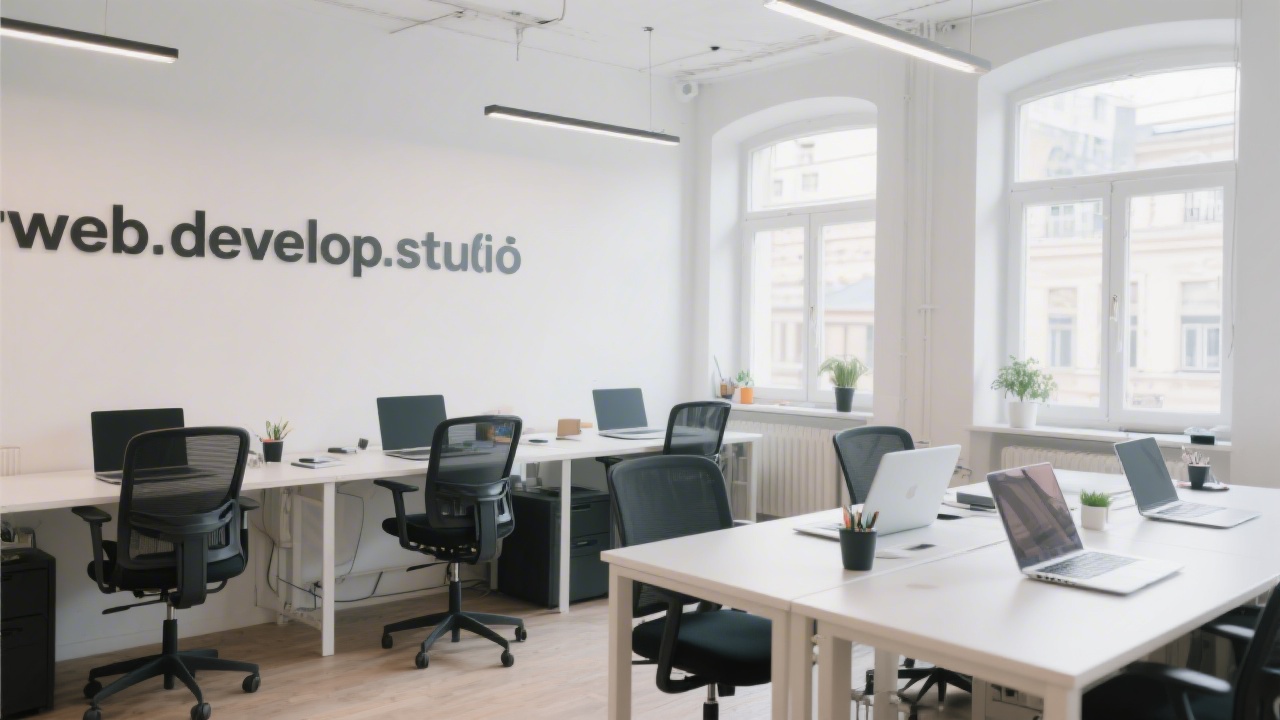 Bright coworking space with modern desks, laptops and minimal decor, showing a calm professional environment for a web development studio in Prague.