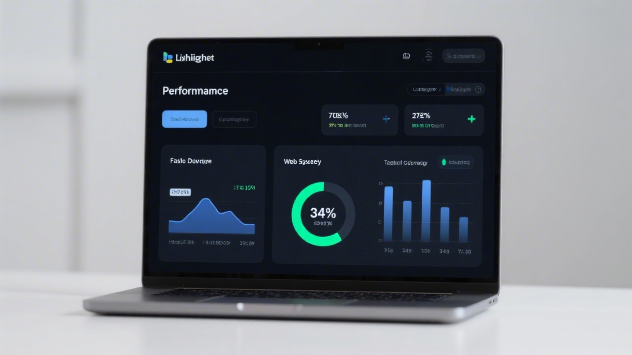 Performance dashboard on a laptop showing web speed metrics and Lighthouse scores, minimal design elements, indicating focus on fast loading and technical optimization.