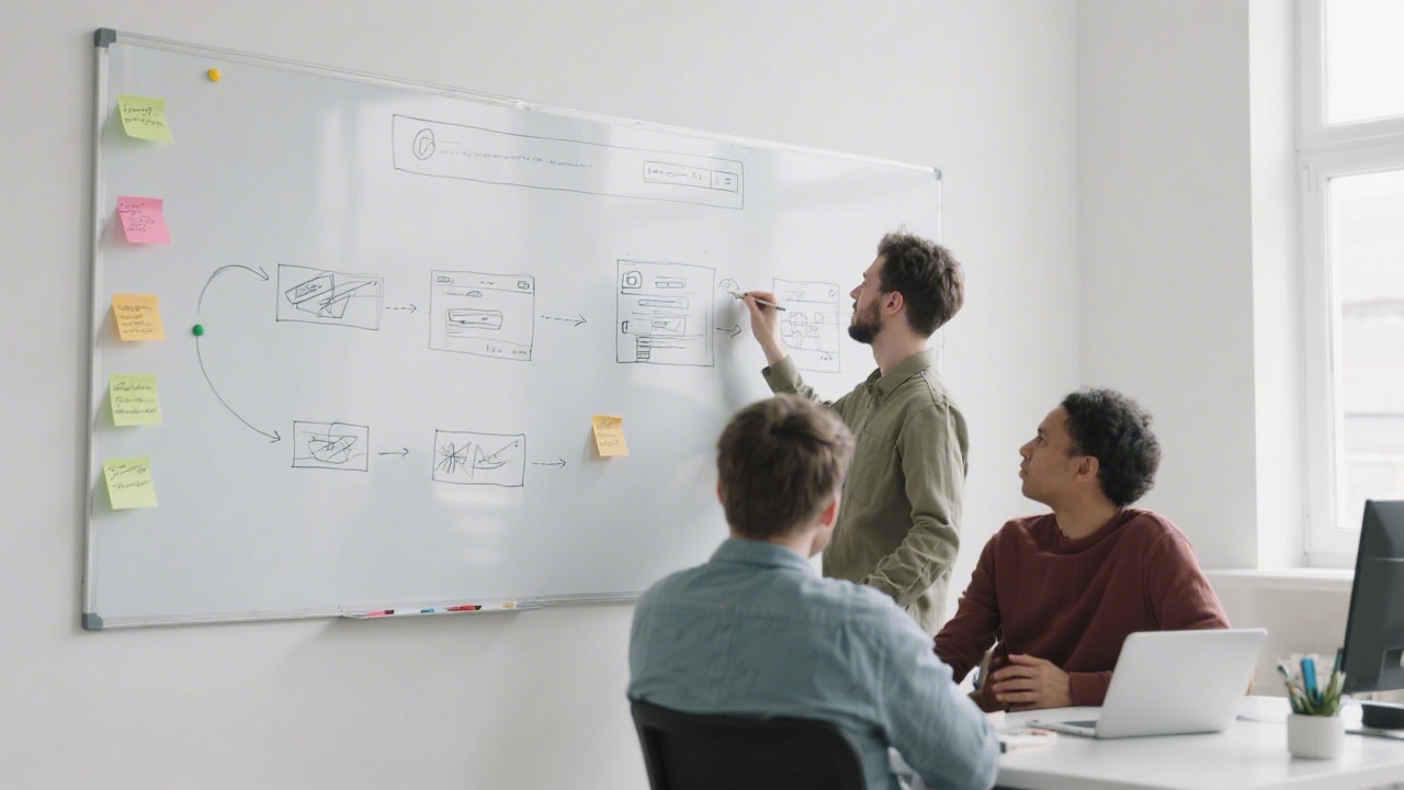 Three-step process diagram on a whiteboard with sticky notes and clear arrows, surrounded by planners and laptops indicating structured MVP workflow for social media growth