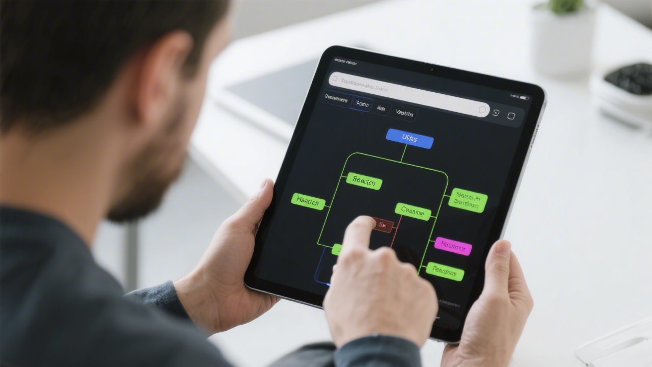 Designer reviewing SEO-friendly content structure on a tablet, highlighted headings and metadata, clean office background, showing careful planning for search visibility.