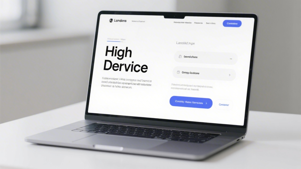 Laptop showing a clean landing page layout with bold typography and CTA buttons, minimalist design style, representing high-converting web service delivery.