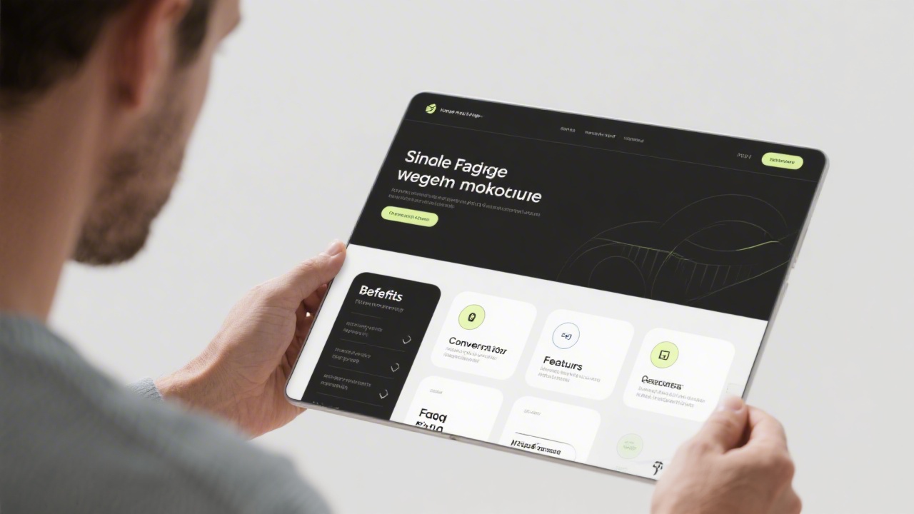 Person reviewing a single-page website mockup with sections for benefits, features, and FAQ, minimalist color palette, focused on conversion-friendly layout.